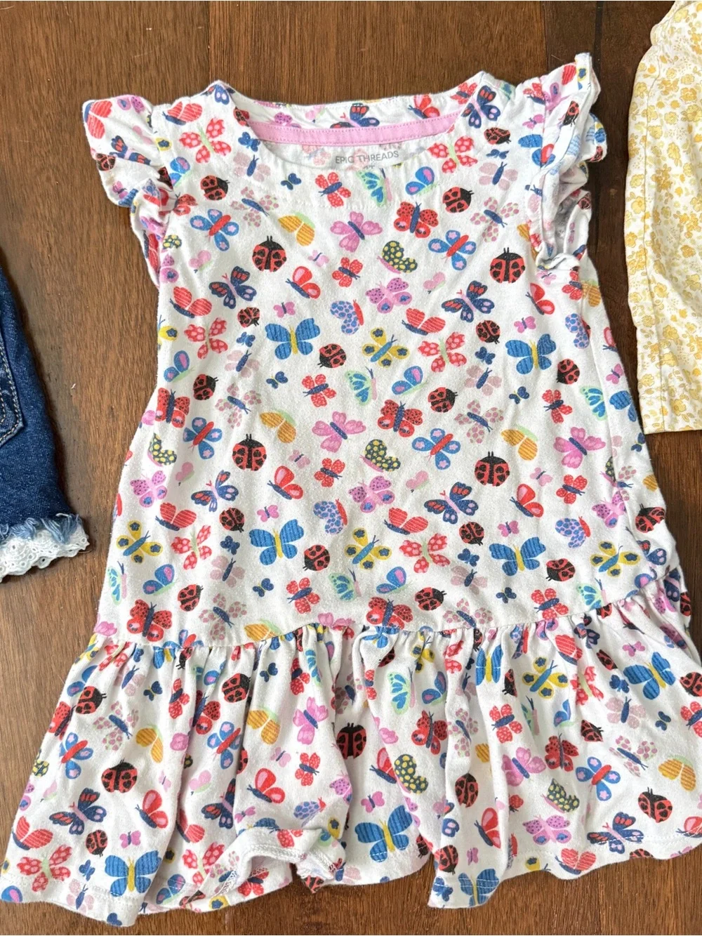 Carter's Pink Butterfly Print Ruffle Dress with Denim Shorts Set